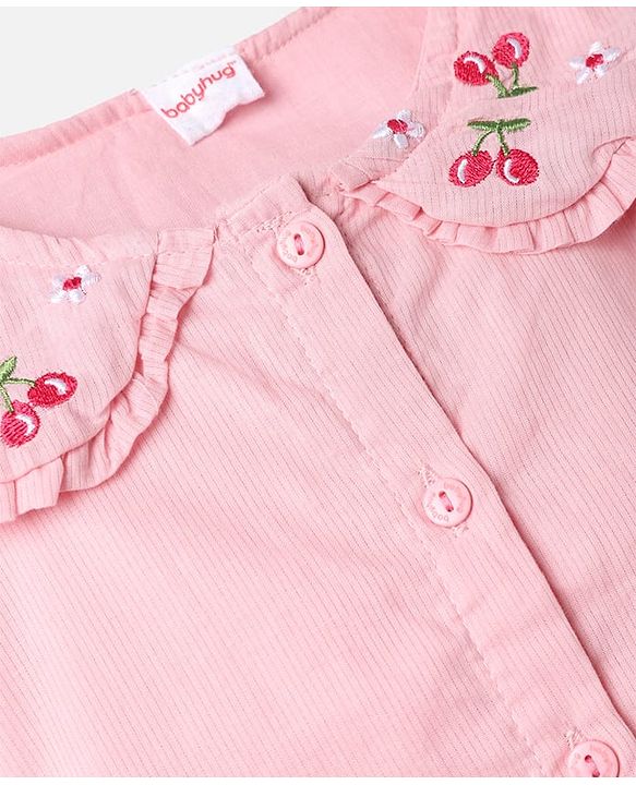 Babyhug 100% Cotton Woven Half Frill Sleeves Top with Floral and Cherry Embroidery - Pink