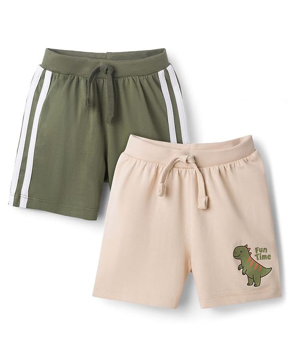Babyhug Cotton Knit Mid Thigh Length Shorts with Dino Print & Tape Detailing Pack of 2 - Multicolor