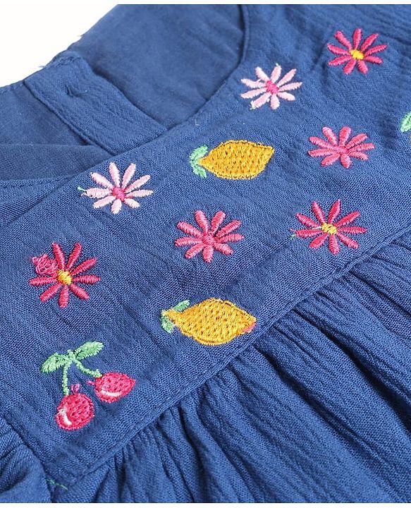 Babyhug Crinkled Crepe 100% Cotton Woven Top with Half Sleeves and Fruit and Flowers Embroidery - Navy
