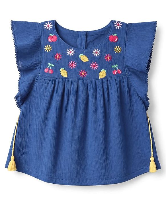 Babyhug Crinkled Crepe 100% Cotton Woven Top with Half Sleeves and Fruit and Flowers Embroidery - Navy