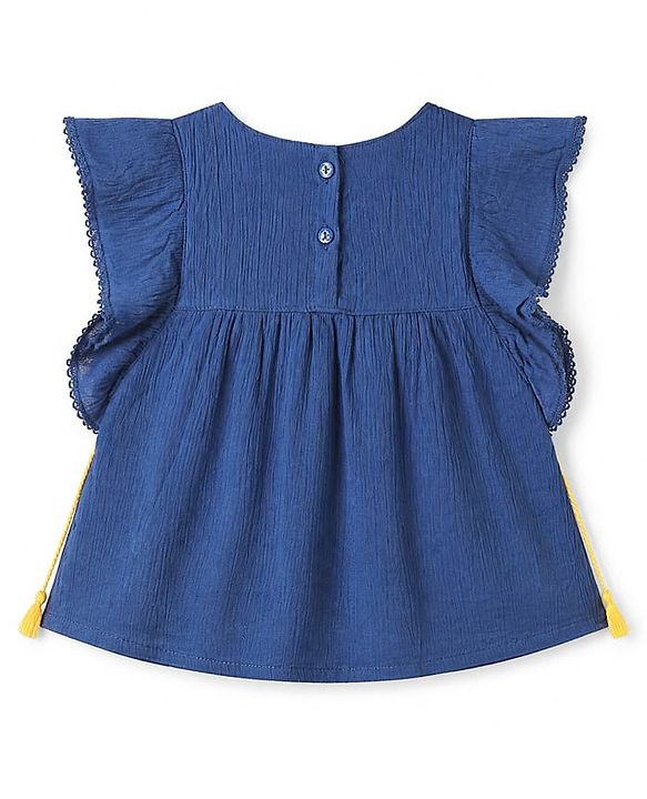Babyhug Crinkled Crepe 100% Cotton Woven Top with Half Sleeves and Fruit and Flowers Embroidery - Navy
