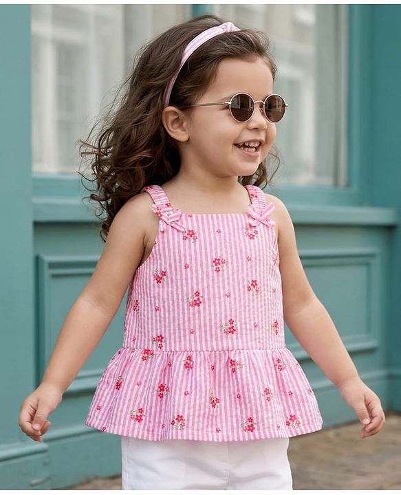 Babyhug Cotton Woven Sleeveless Floral Printed Top -Pink
