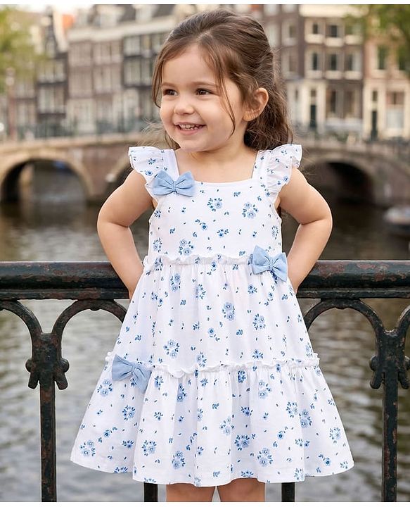 Babyhug Knitted Frill Sleeves Frock with Bow Applique & Floral Print - White