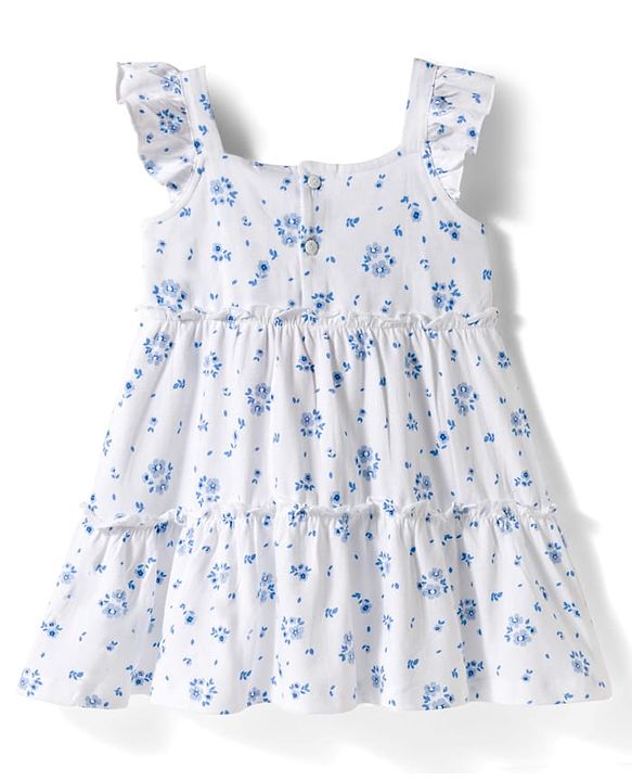 Babyhug Knitted Frill Sleeves Frock with Bow Applique & Floral Print - White