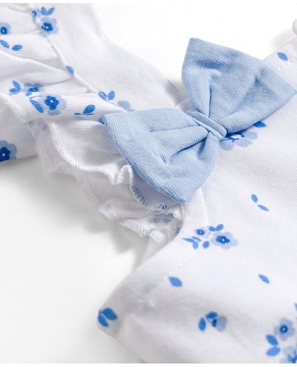 Babyhug Knitted Frill Sleeves Frock with Bow Applique & Floral Print - White