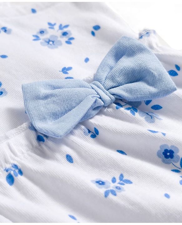 Babyhug Knitted Frill Sleeves Frock with Bow Applique & Floral Print - White