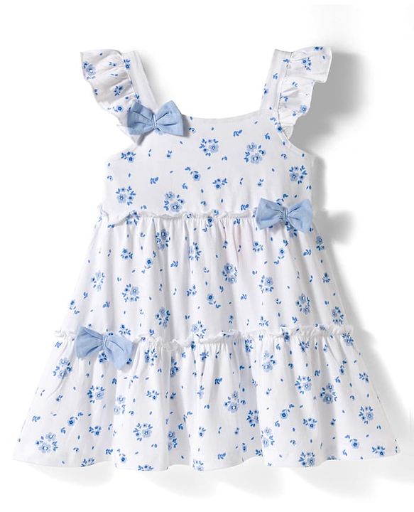 Babyhug Knitted Frill Sleeves Frock with Bow Applique & Floral Print - White