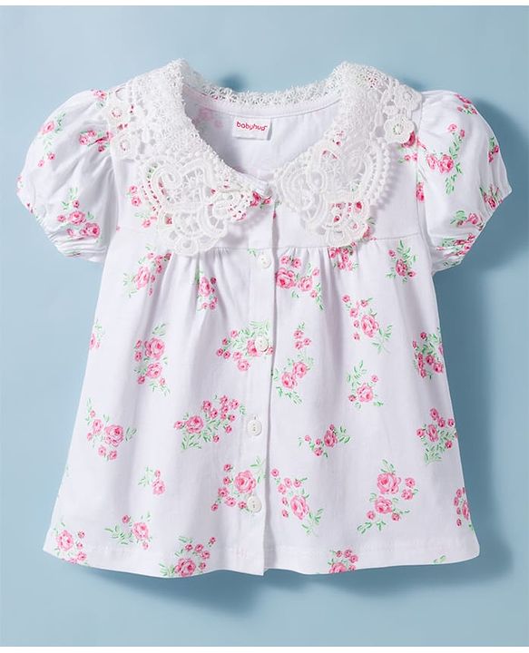 Babyhug Cotton Knit Half Sleeves Top with Floral Print & Schiffli Detailing - White