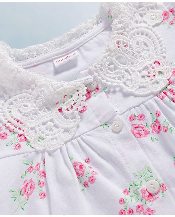 Babyhug Cotton Knit Half Sleeves Top with Floral Print & Schiffli Detailing - White