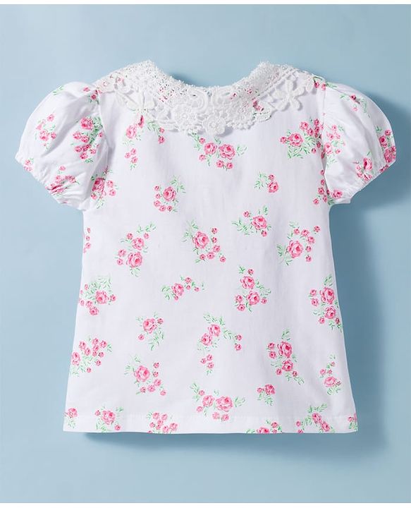 Babyhug Cotton Knit Half Sleeves Top with Floral Print & Schiffli Detailing - White