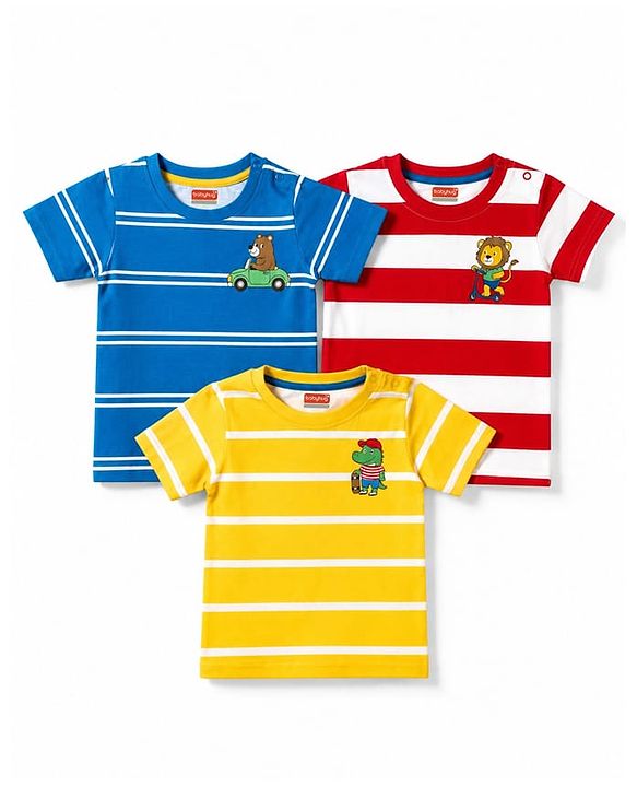 Babyhug 100% Cotton Knit Half Sleeves Animal Printed Striped T-Shirts Pack of 3 - Blue Yellow & Red