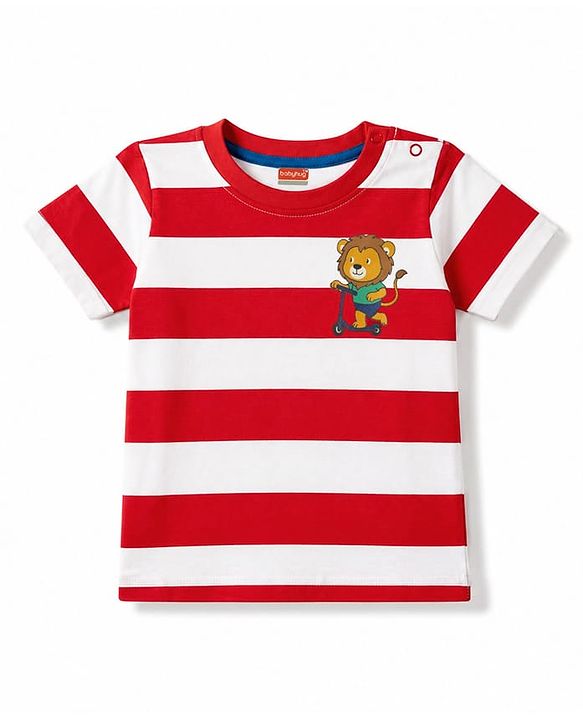 Babyhug 100% Cotton Knit Half Sleeves Animal Printed Striped T-Shirts Pack of 3 - Blue Yellow & Red