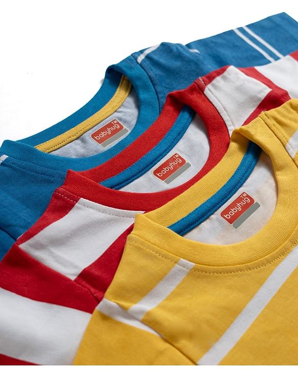 Babyhug 100% Cotton Knit Half Sleeves Animal Printed Striped T-Shirts Pack of 3 - Blue Yellow & Red