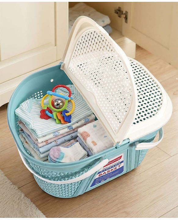 Babyhug Multipurpose Basket with Lid | Multipurpose Oval Storage Basket with Handle & Dual-Sided Lid| Toys Storage| Home, Travel & Outdoor Use| Picnic Basket| Easy to Clean & Maintain  Blue