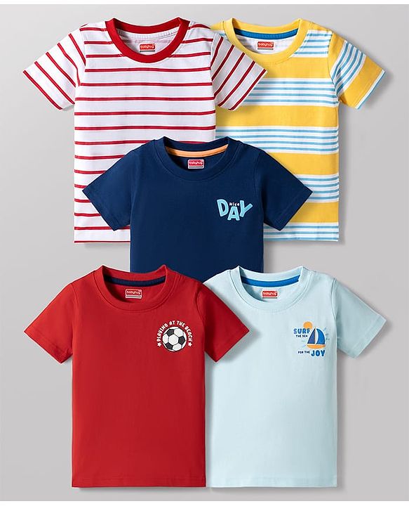 Babyhug Cotton Knit Half Sleeves Striped & Printed T-Shirts Pack of 5 - Multicolor