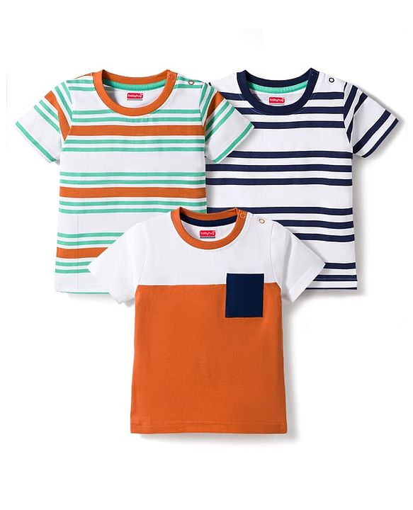 Babyhug 100% Cotton Knit Half Sleeves Striped T-Shirts Pack Of 3 - Multicolour