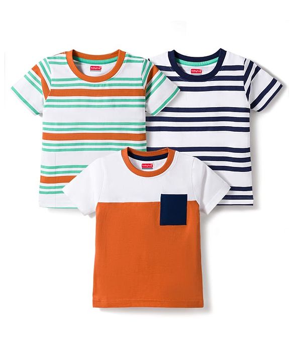 Babyhug 100% Cotton Knit Half Sleeves Striped T-Shirts Pack Of 3 - Multicolour