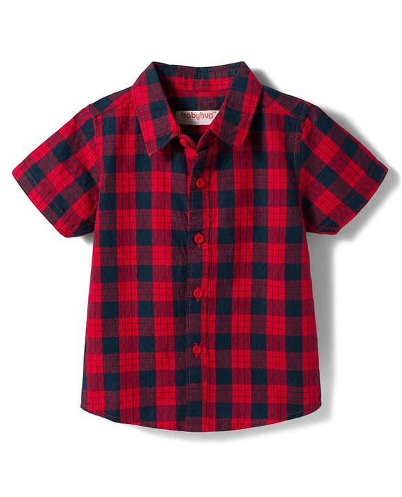 Babyhug Cotton Woven Half Sleeves Checkered Shirt & Shorts Set - Red & Navy Blue