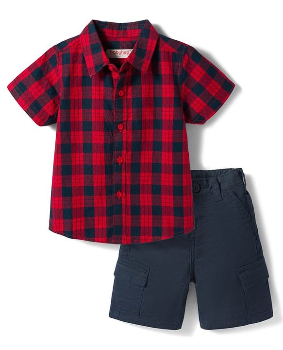 Babyhug Cotton Woven Half Sleeves Checkered Shirt & Shorts Set - Red & Navy Blue