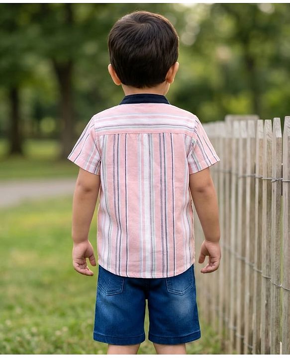 Babyhug Denim Woven Half Sleeves Striped Shirt & Shorts Set - Multicolor