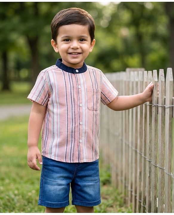 Babyhug Denim Woven Half Sleeves Striped Shirt & Shorts Set - Multicolor