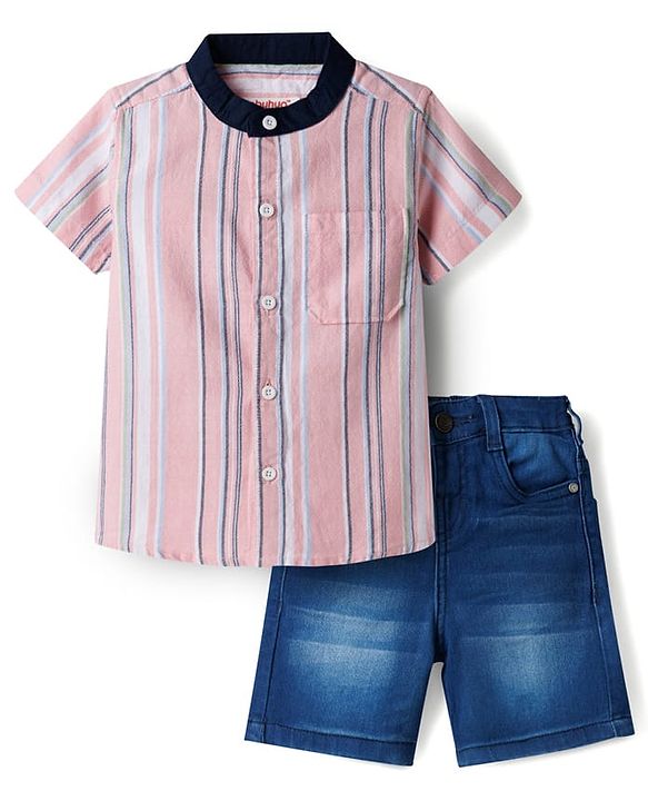 Babyhug Denim Woven Half Sleeves Striped Shirt & Shorts Set - Multicolor