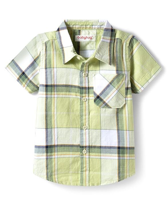 Babyhug Cotton Knit Half Sleeves Checkered Shirt & Shorts Set - Brown & Light Green