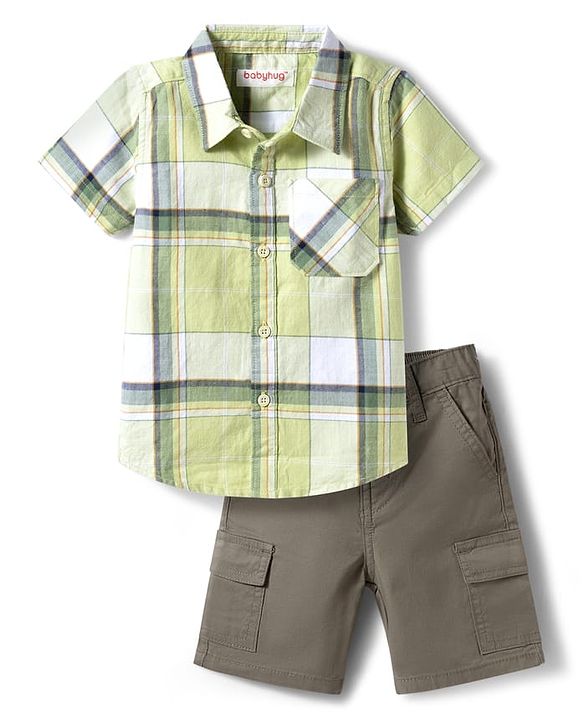 Babyhug Cotton Knit Half Sleeves Checkered Shirt & Shorts Set - Brown & Light Green