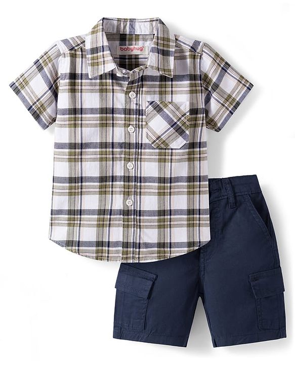 Babyhug Cotton Knit Half Sleeves Checkered Shirt & Shorts Set - Navy Blue