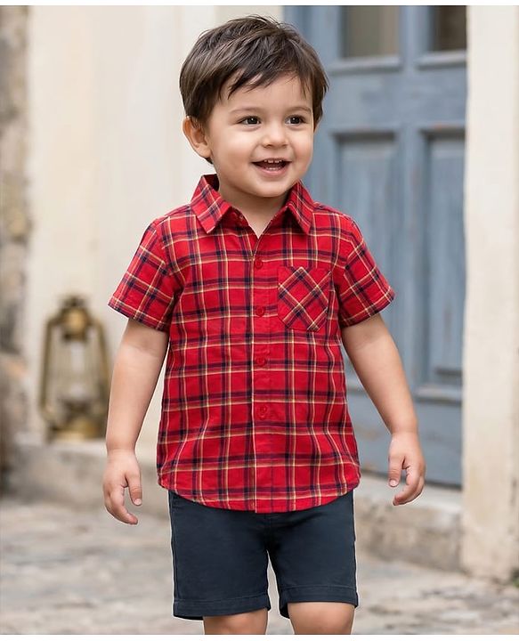 Babyhug Cotton Woven Half Sleeves Checkered Shirt & Shorts Set - Red & Navy Blue