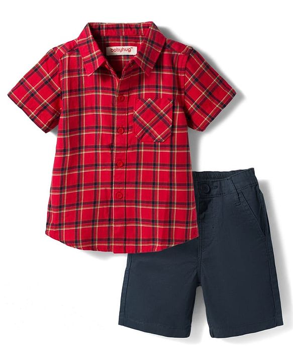 Babyhug Cotton Woven Half Sleeves Checkered Shirt & Shorts Set - Red & Navy Blue