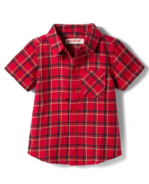 Babyhug Cotton Woven Half Sleeves Checkered Shirt & Shorts Set - Red & Navy Blue