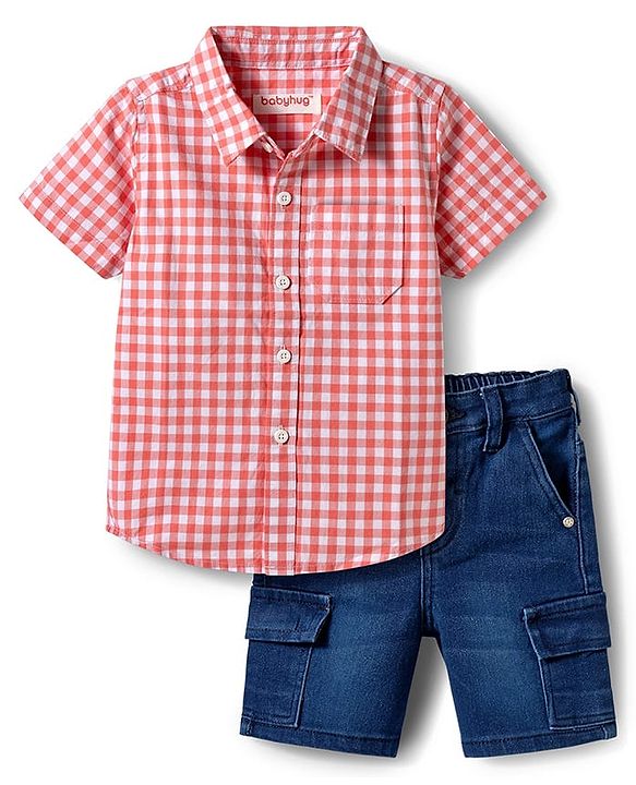 Babyhug Woven Half Sleeves Checkered Shirt & Denim Shorts Set - Peach