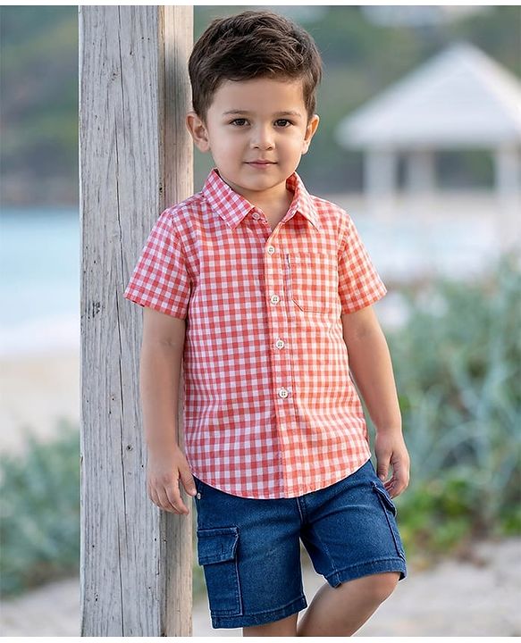 Babyhug Woven Half Sleeves Checkered Shirt & Denim Shorts Set - Peach