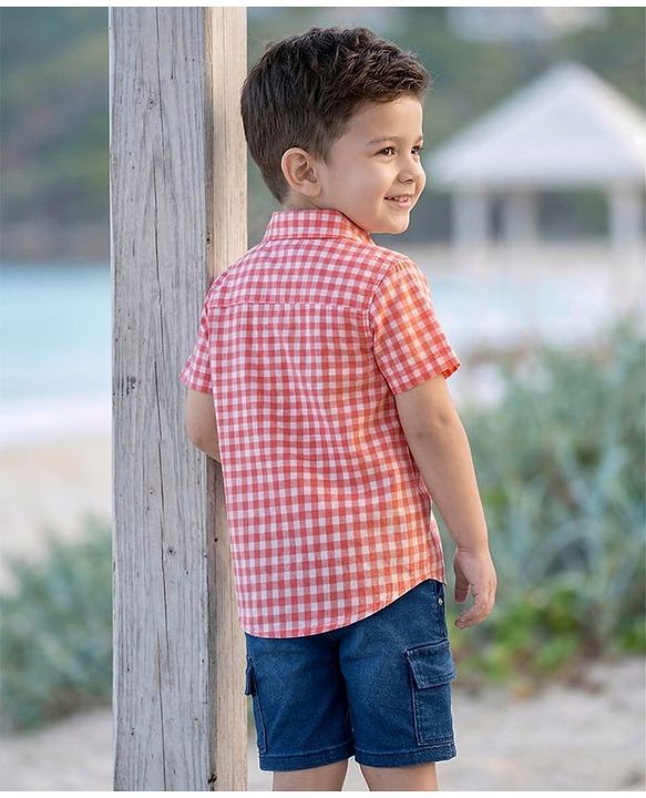 Babyhug Woven Half Sleeves Checkered Shirt & Denim Shorts Set - Peach