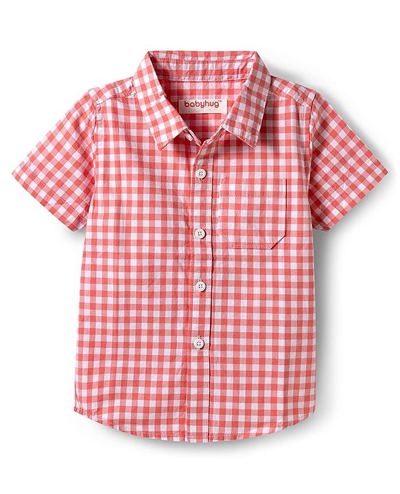 Babyhug Woven Half Sleeves Checkered Shirt & Denim Shorts Set - Peach