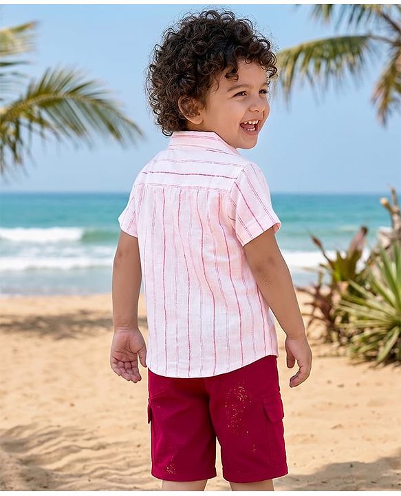 Babyhug Cotton Woven Half Sleeves Striped Shirt & Shorts Set - White & Maroon