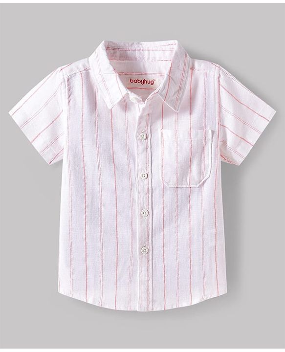 Babyhug Cotton Woven Half Sleeves Striped Shirt & Shorts Set - White & Maroon