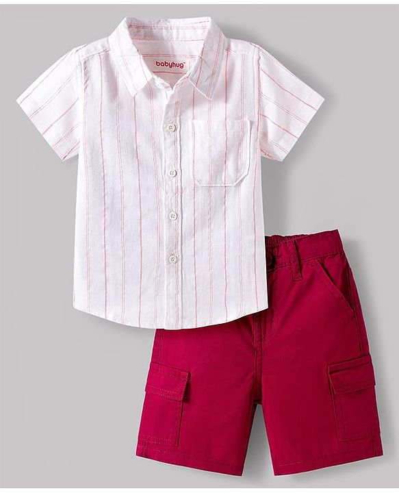 Babyhug Cotton Woven Half Sleeves Striped Shirt & Shorts Set - White & Maroon