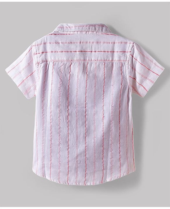 Babyhug Cotton Woven Half Sleeves Striped Shirt & Shorts Set - White & Maroon
