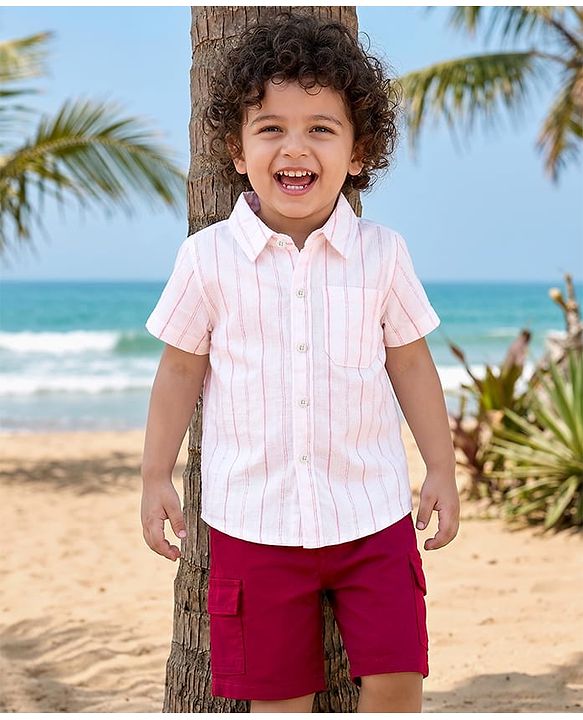 Babyhug Cotton Woven Half Sleeves Striped Shirt & Shorts Set - White & Maroon