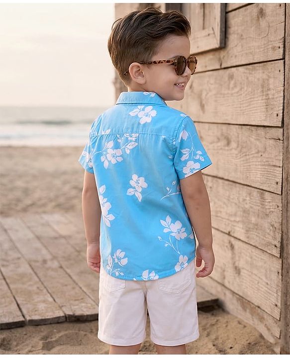 Babyhug Cotton Knit Half Sleeves Floral Printed Shirt & Shorts Set - Light Blue
