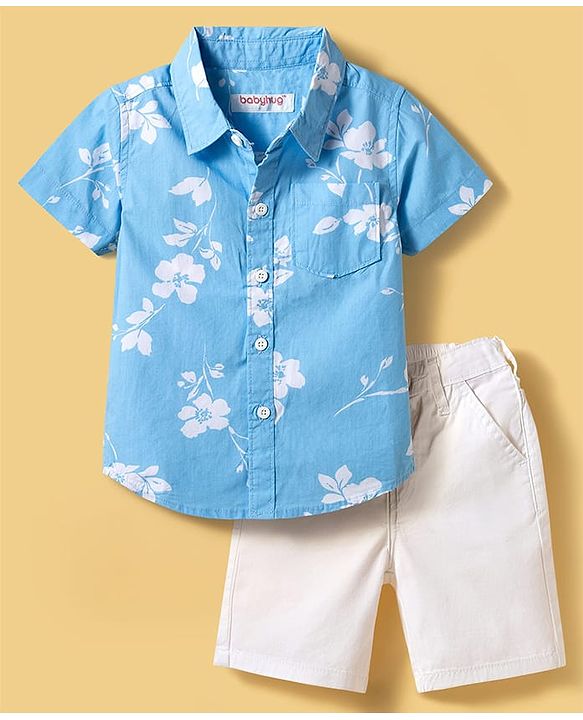 Babyhug Cotton Knit Half Sleeves Floral Printed Shirt & Shorts Set - Light Blue