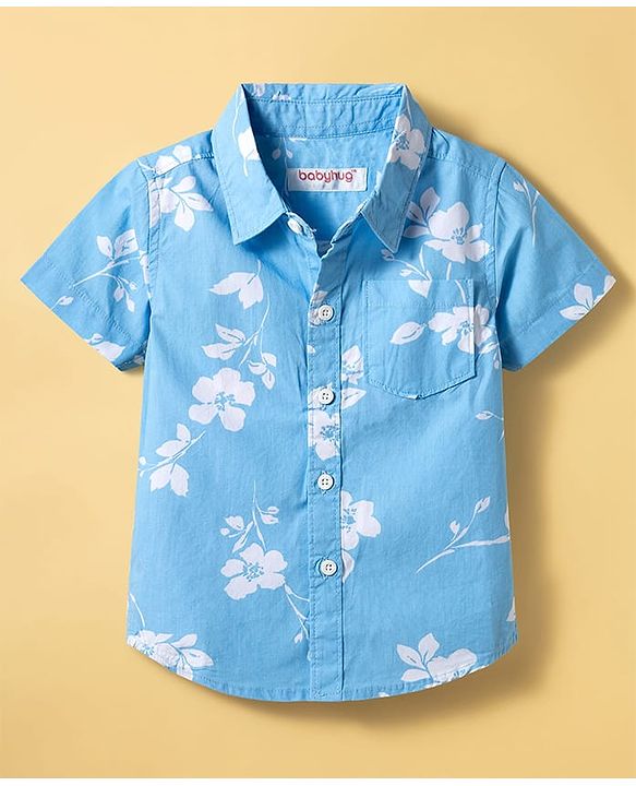 Babyhug Cotton Knit Half Sleeves Floral Printed Shirt & Shorts Set - Light Blue