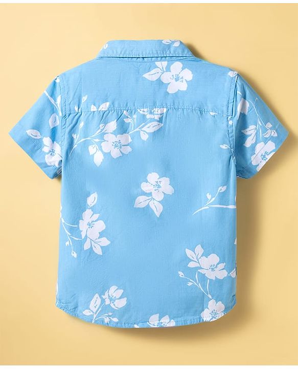 Babyhug Cotton Knit Half Sleeves Floral Printed Shirt & Shorts Set - Light Blue