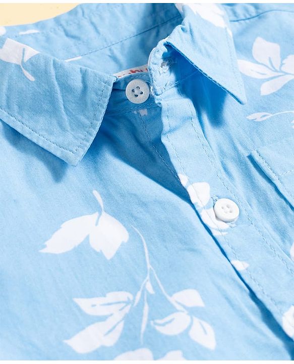 Babyhug Cotton Knit Half Sleeves Floral Printed Shirt & Shorts Set - Light Blue