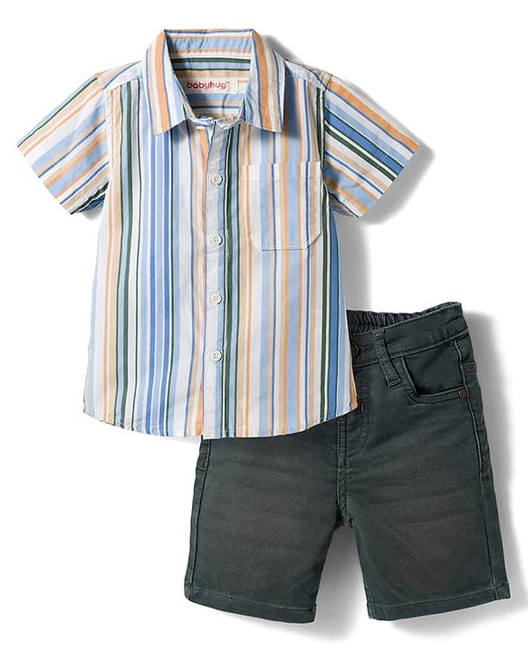 Babyhug Cotton Woven Half Sleeves Striped Shirt & Shorts Set- Multicolour