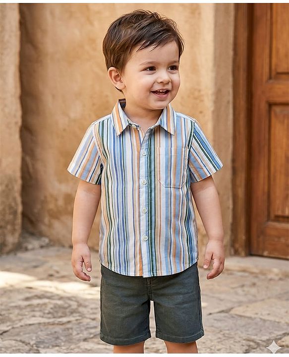 Babyhug Cotton Woven Half Sleeves Striped Shirt & Shorts Set- Multicolour