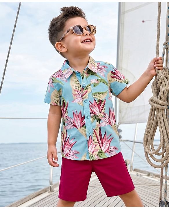 Babyhug Cotton Woven Half Sleeves Shirt & Shorts Set With Floral Print - Multicolor