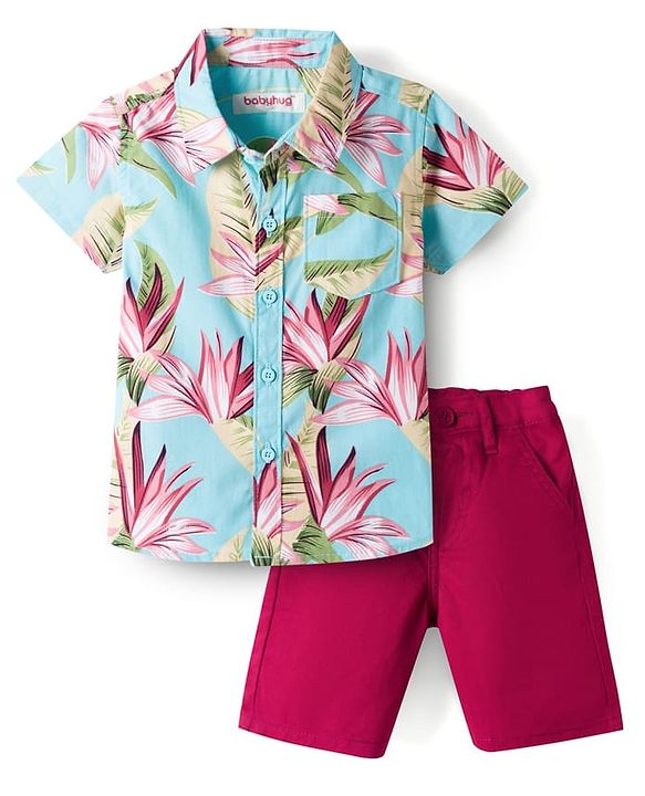 Babyhug Cotton Woven Half Sleeves Shirt & Shorts Set With Floral Print - Multicolor